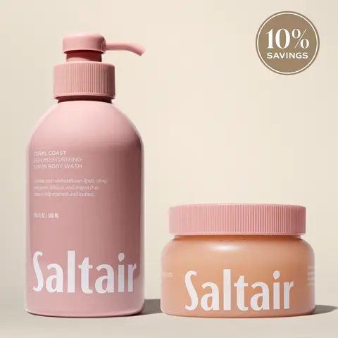 Saltair Coral Coast Double Cleansing Duo - Vitamin C Oil-Infused Body Scrub (18.5 fl oz / 524 g) , Serum Body Wash (17.0 fl oz / 500 mL) -  Coconut, Water Lily, Guava