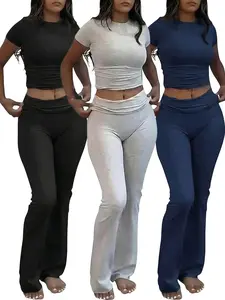 Women Crop Top & Flare Leg Pants Loungewear Set