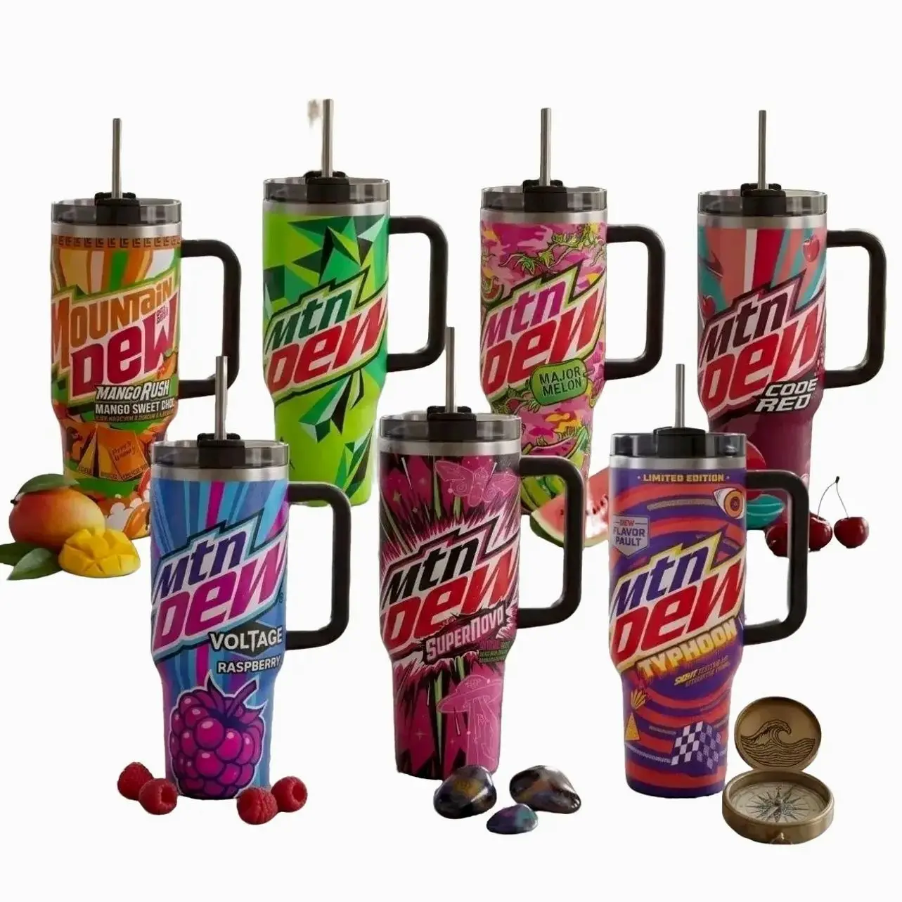 Mtn Dew Printed Insulated Stainless Steel Travel Tumbler - 20oz/30oz/40oz Sizes, With Handle & Straw, 24H Cold Retention, Colorful Soda Flavor Graphic, Kitchenware Drinkware Gift for Mom