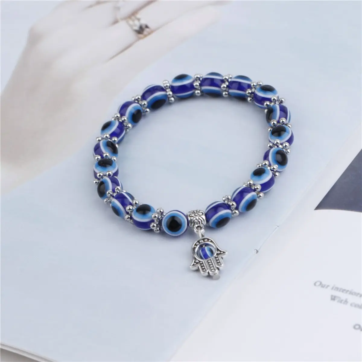 Unisex Lucky Blue Evil Eye Beaded Bracelets - Handmade Adjustable Band with Palm Charm, Butterfly Motif, Custom Fit - Spiritual Protection Gift for Daily Wear
