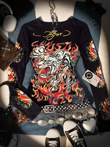 Women's Y2K Chic Sexy Personalized Graphic Print Long Sleeve Top, Womenswear, Autumn Fashion, Tiger Pattern, Slim-Fitting, All Seasons, Sexy Style