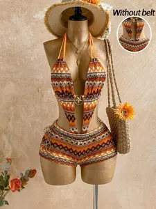 Boho Ethnic Halter One-Piece Swimsuit, Backless Star Button Knit Swimwear, Beachwear Swimsuit, Beach Vacation, Pool Party, Beach Photo, Summer Water Play