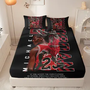 This bedding set features the design of Michael Jordan's red jersey number 23. It includes one fitted sheet and two pillowcases. Soft, easy to care for, durable, and suitable for all seasons.