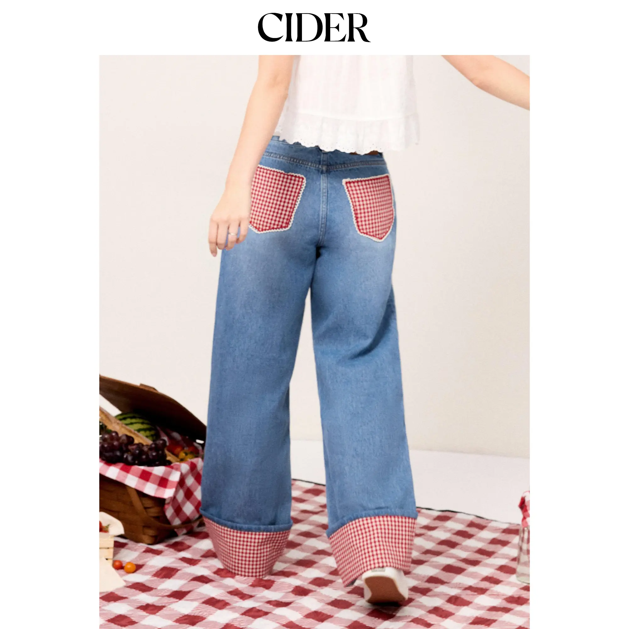 Cider Women's Streetwear Washed Denim Gingham Pants, Loose Fit Wide-Leg Oversized Cropped Bottom Jeans, Cute Jeans, Relaxed Jeans