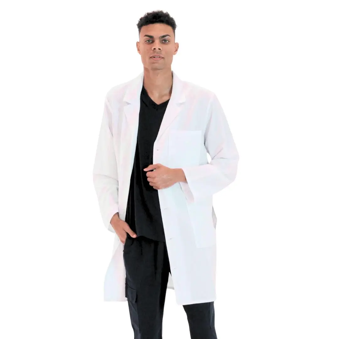 BANU Unisex 39-in Stretch Plain Lab Coat - Clear Button Detailing, Silver Neck Piping, Workwear Uniform for Healthcare Professionals (Menswear)