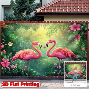 2D Flat Banner, 1pc with Tropical Jungle Flamingo Theme - Polyester Fabric Photography Backdrop & Party, Ideal for St Patrick Day, Ramadan, Birthdays, Cake Tables, Portraits, Party Decorations, Indoor and Outdoor Celebrations