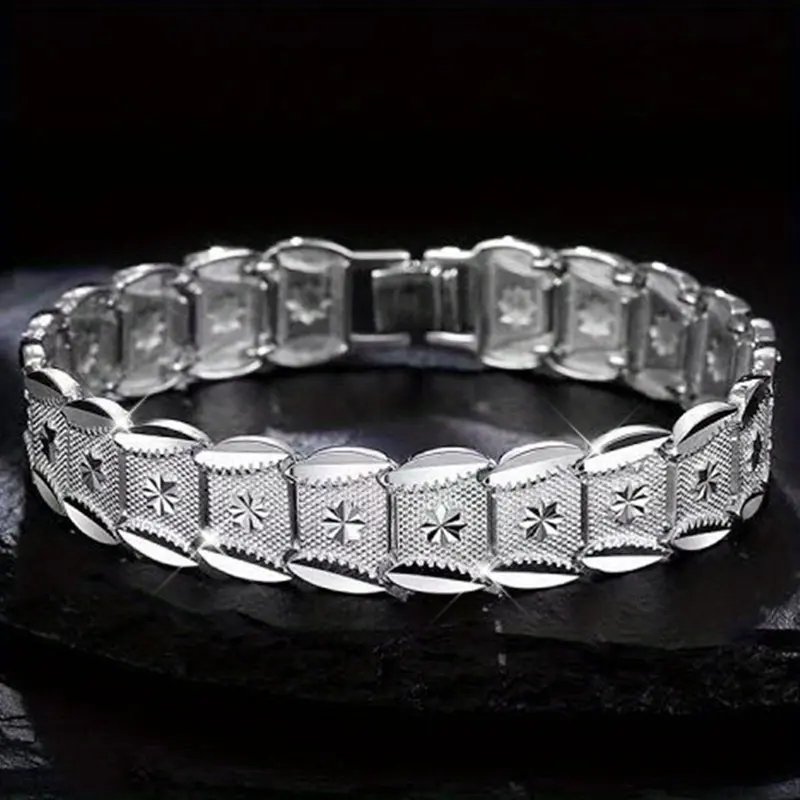 Unisex 925 Sterling Silver Bracelet, 12mm Wide Hip Hop Coin Pattern Chain, Luxury Hypoallergenic Fashion Jewelry for Daily Wear, Fashion Accessory