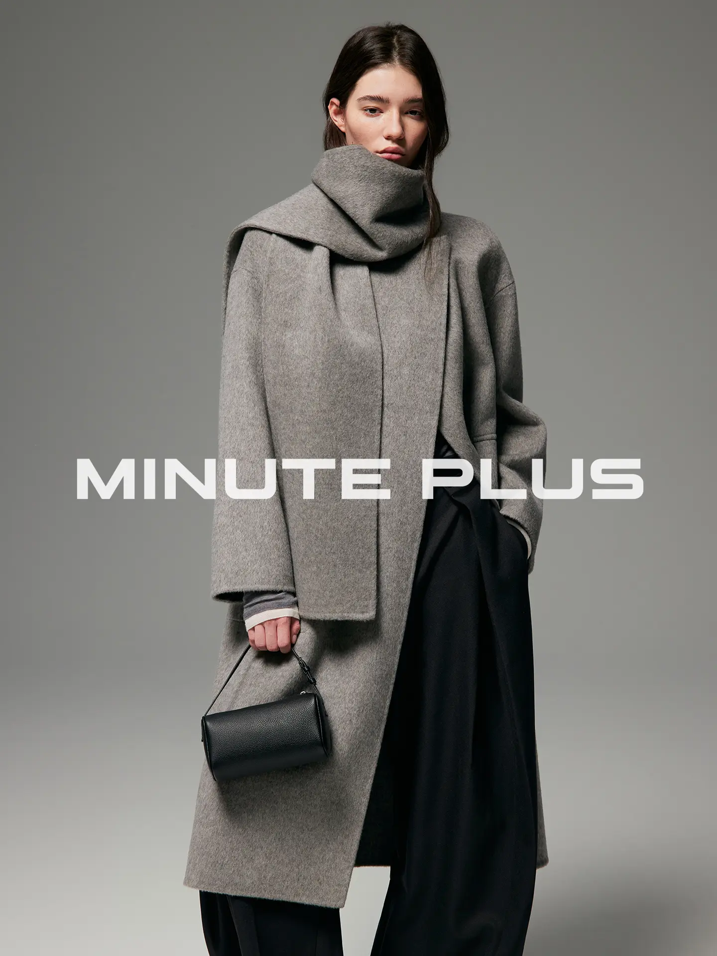 Women’s 100% Wool Long Coat, Integrated Scarf Draped Collar, Oversized Minimalist Warm Winter Outerwear, Grey & Black Available