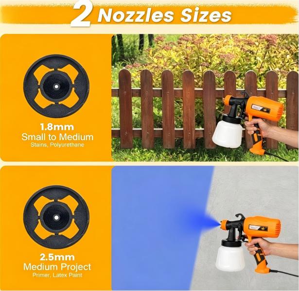 Handheld Paint Spray Tool Kit, Multi-Purpose HVLP Sprayer with Adjustable Flow & Nozzles for Walls, Fences, Furniture & Cabinets, US Plug (Orange)