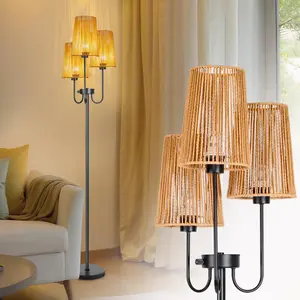 Rattan Floor Lamp for Living Room,3-Light Boho Floor Lamp with Cage Shade & 7W LED Bulbs, 65" Farmhouse Standing Tall Lamp with 3 Color Temperature, Black Rustic Tree Lamp for Bedroom Corner