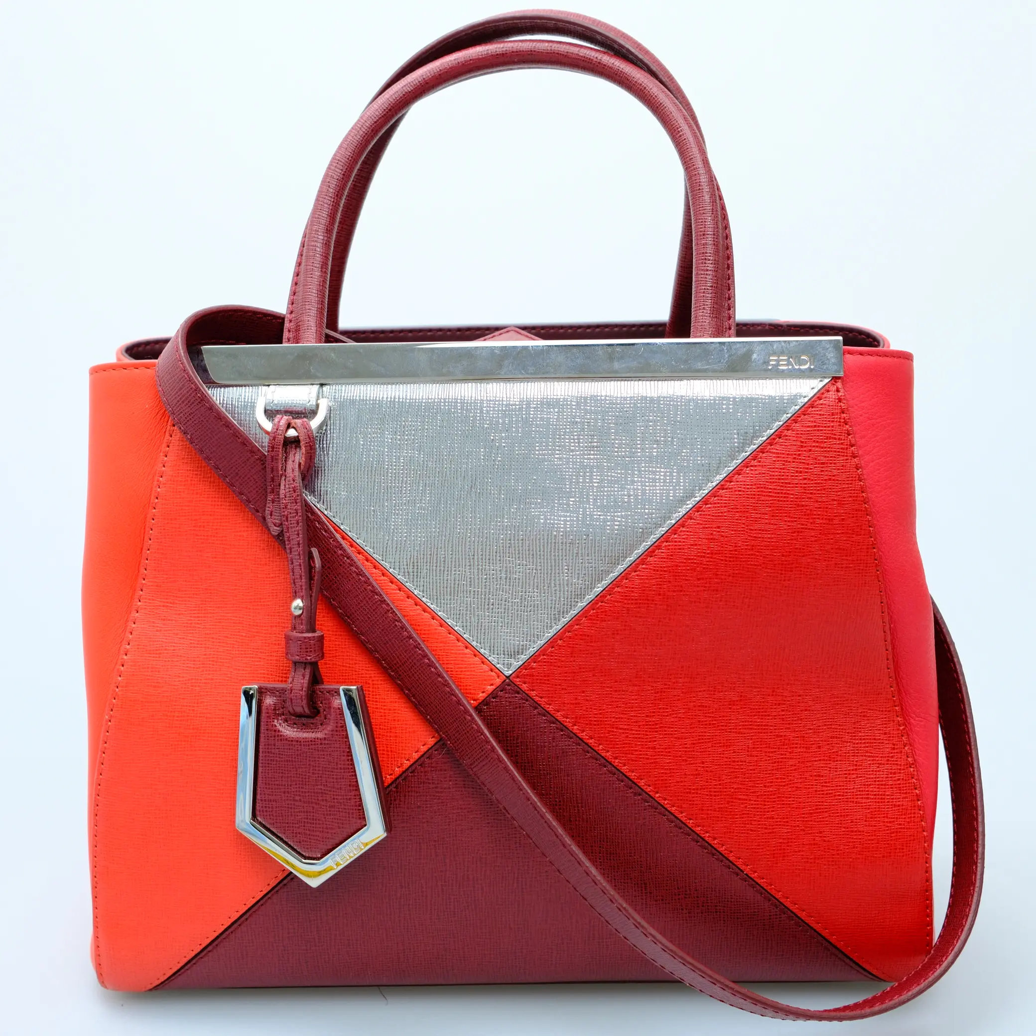 Pre-owned FENDI 2Jours Marquetry Geometric Small Red & Multicolor Mixed Media Leather Tote Bag Good, No Pony Hair Accents, Convertible to Crossbody for Pre Loved Luggage & Bags Collection, Tote Bags, Crossbody Bags