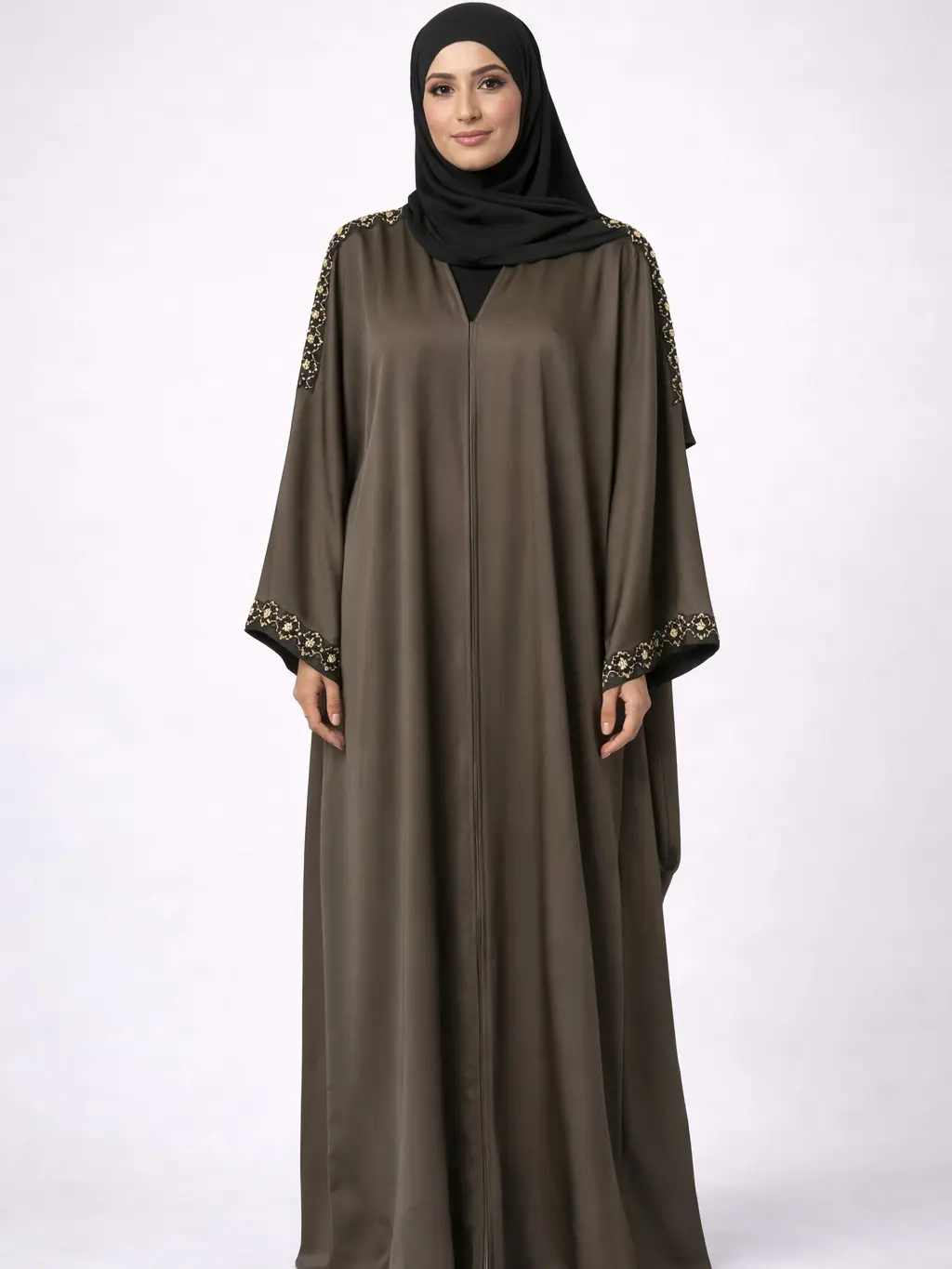Elegant Mocha Farasha Abaya with Gold Beaded Trim – Size 52