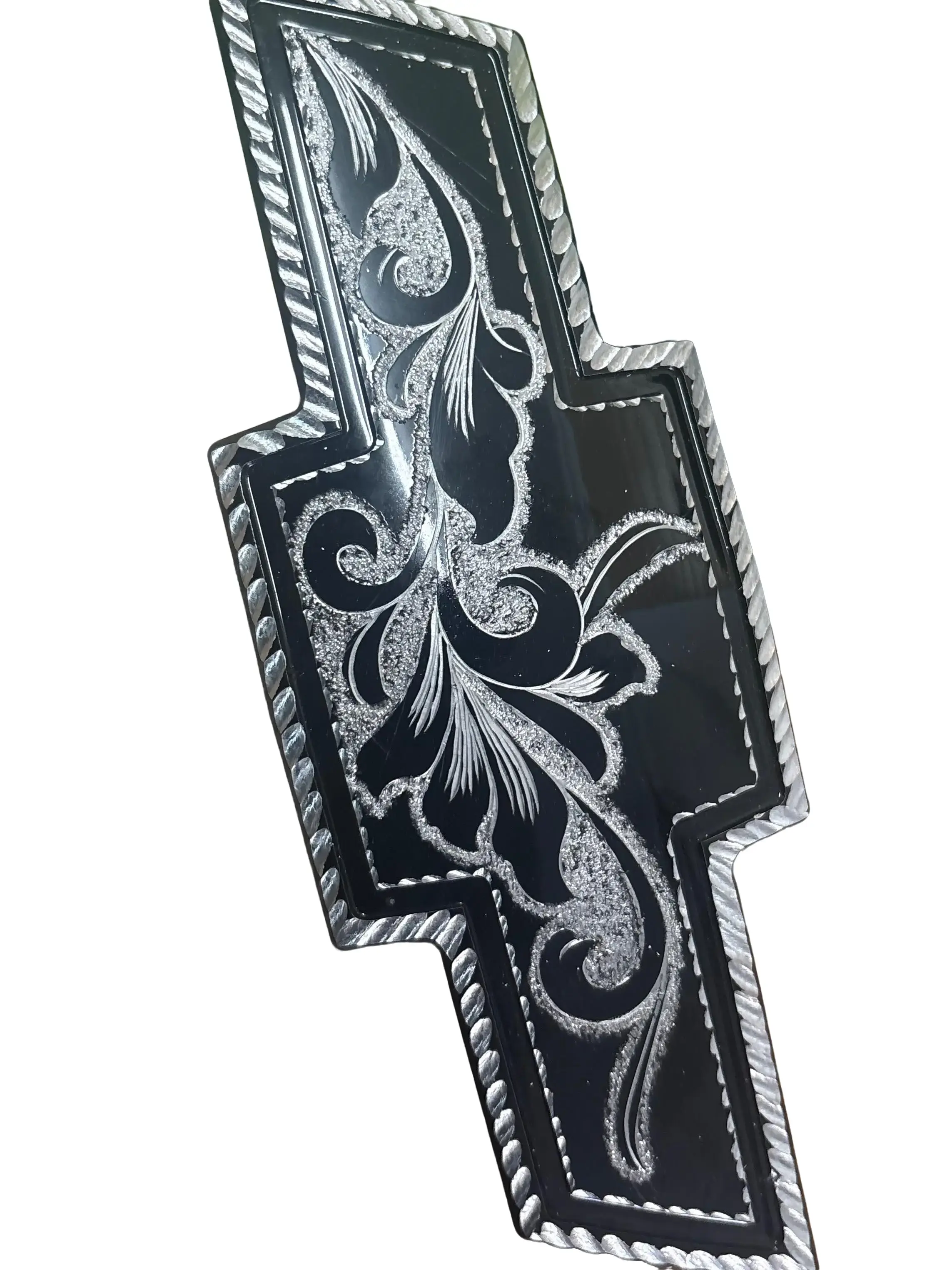 Chevy Billet Emblems Engraved 1988-2018 for 1500 2500 3500 Models with Detailed Floral Design Black & Silver Finish