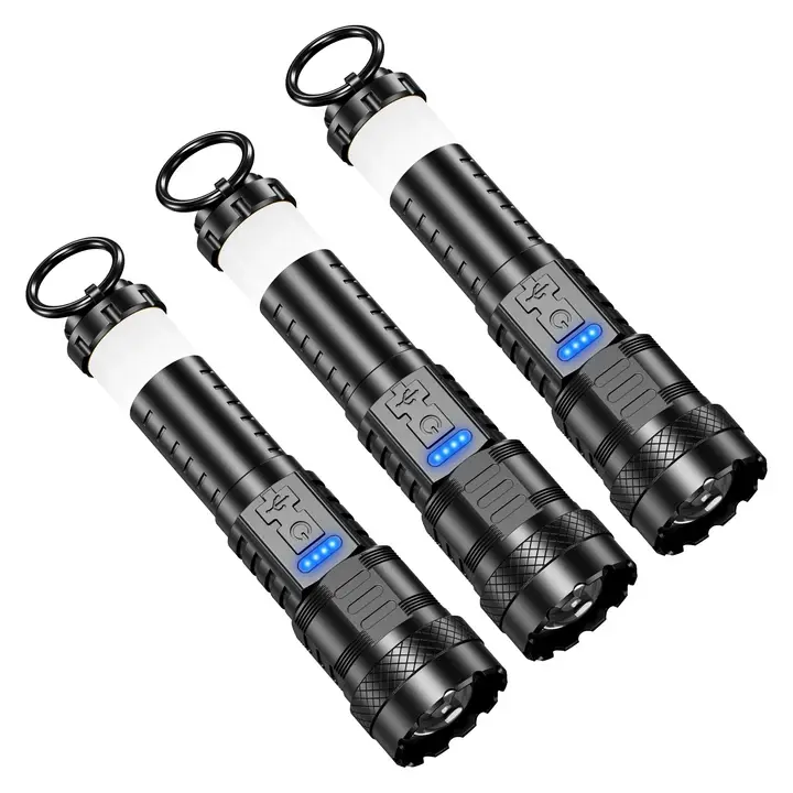 3-Pack Rechargeable LED Flashlight Torches - Super Bright High Lumen, Fast-Charging, Waterproof Tactical Lights with 8 Modes, Zoomable Red & Blue Strobe, USB Cable for Camping, Home Use, Compact, Emergency Power, LED Camping Flashlight