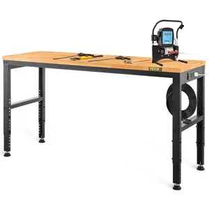 VEVOR Workbench Adjustable Height, TikTokShopBlackFriday, 48\" L X 20\" W X 38.1\" H Garage Table with 28.3\" - 38.1\" Heights & 2000 LBS Load Capacity, with Power Outlets & Hardwood Top & Metal Frame & Foot Pads, for Offic