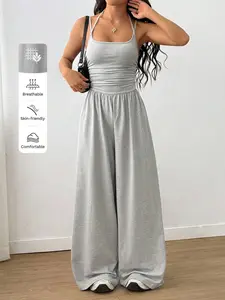Women's Casual Ruched Loose Straight Leg Jumpsuit, Sleeveless Spring/summer Fashion, Fitted Plain Design, Breathable Comfortable One-Piece