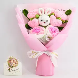 Crochet Flowers, Crochet Flower Bouquet with Cute Bunny and Crochet Flowers of Rose for Easter Gift, Pink Knit Bouquet Gift for Women, Kids