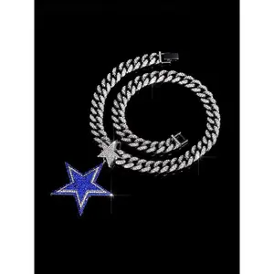 Men's Punk Asymmetrical Design Star Pendant Necklace, Blue Rhinestone Five-Pointed Star Pendant with Charm, All Season Jewelry Gift, Elegant Rhinestone Necklace