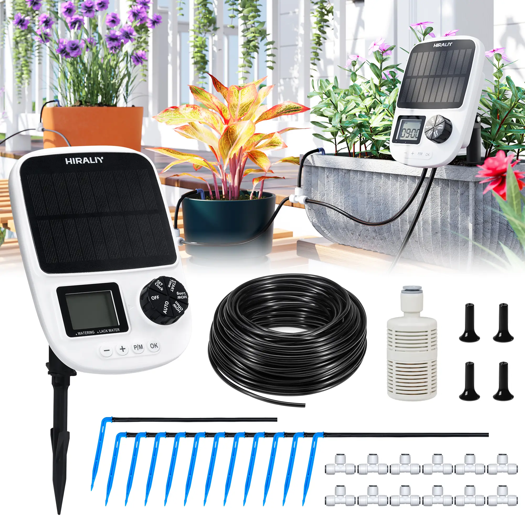 HIRALIY Solar Automatic Drip Irrigation System, Solar Powered Watering Device with Timer for Pots Plants, Drip Emitter Stake or Pressure Balanced Drip