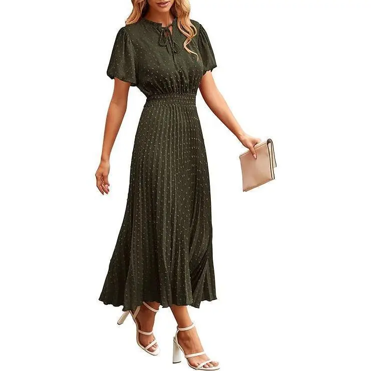 Women's 2025 Spring Fall Midi Dress Casual Long Sleeve V Neck Swiss Dot  Pleated A Line Flowy Dresses - TikTok Shop