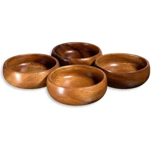 Artisanal Elegance for Your Table: A Set of Four Hand-Carved Round Acacia Wood Calabash Bowls – Perfect Small Dip Trays for Appetizers, Sauces, Nuts, and Desserts
