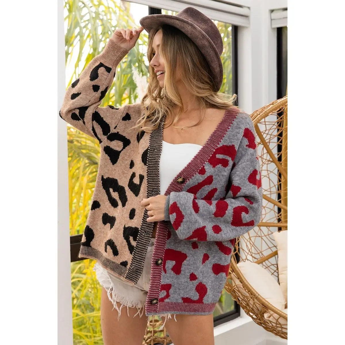 BiBi Leopard Color Block Button Down Sweater Cardigan