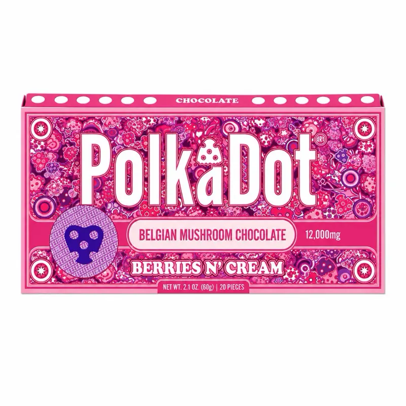 Polkadot Belgian Chocolate, Berries & Cream, 20 Count, High Potency Plant-based Mushroom Snack, 100% Organic, High-Quality Ingredients, Made in USA, All Natural, Healthy Chocolate, 20 Piece Chocolate Bar
