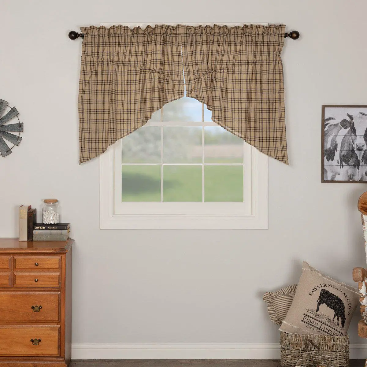 100% Cotton Farmstead Charcoal Prairie Swag Curtains, Farmhouse Style, Black Plaid Design, with Drawstring Ties, Tumble Dry Low Compatible, Home Decoration Curtain