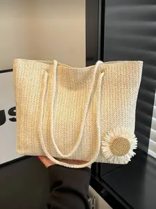 Woven Tote Bag with Floral Decoration, Beach Style Handbag, Suitable for Office Use, Versatile and Stylish Everyday Accessory, Beach Bags