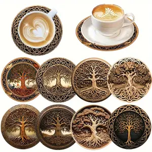 8 Pcs Tree of Life Coasters, Retro Carved Wooden Style Aesthetic Tableware Dinnerware Drink Mats, Heatproof Cup Pads with Exquisite Pattern, Non-Slip Coasters for Coffee Cups, Tea Cups, Mugs Tabletop Protection