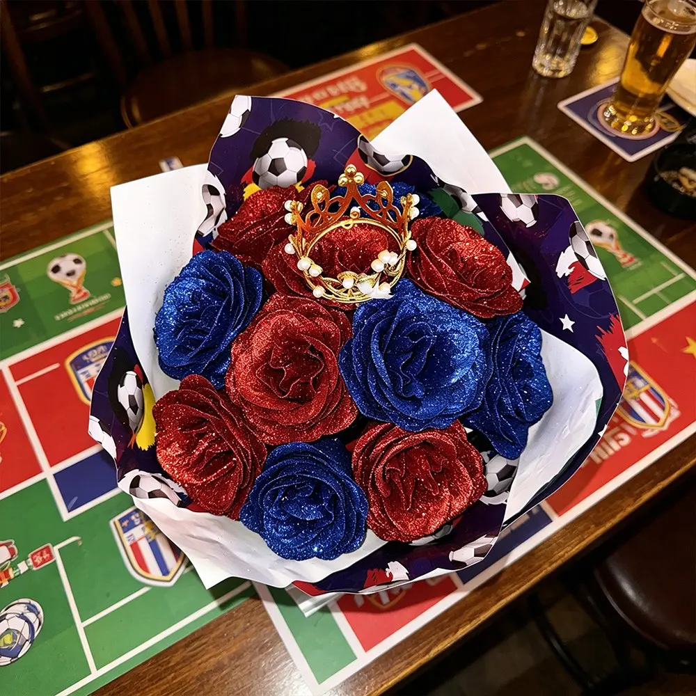 Athletic Fake Floral Arrangement with Mini Crown, Soccer Wrapping Paper Eternal Roses, Present for Husband Soccer Lovers, Blokecore Aesthetic Sports Bar Decor