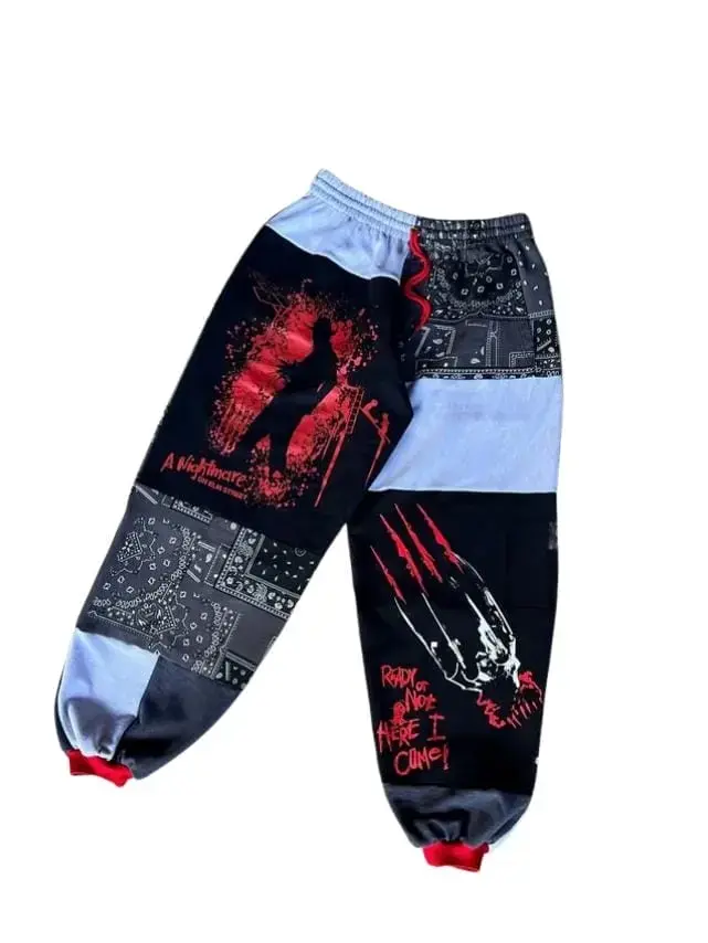 Scary Horror Movie Patchwork Halloween Sweatpants Collection, Spooky Graphic Jogger Pants, Unisex Streetwear Pants, Fall Winter Pants, For Men & Women, Gift For Horror Fans