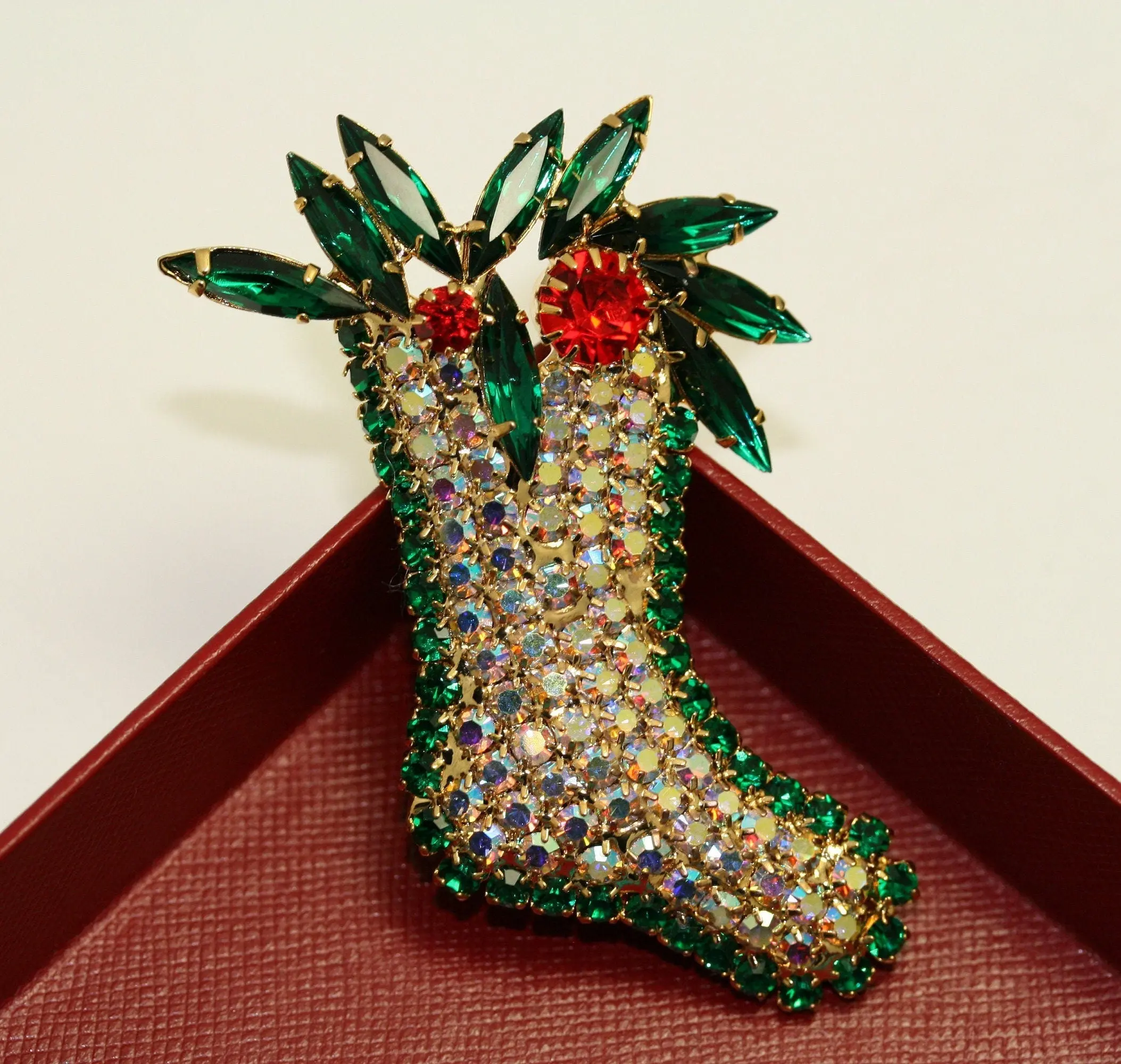 Glamorous Holly Christmas Brooch - 2.85"h x 1.75"w Gold-Tone Statement Accessory with Deep Green Pave Navette Rhinestones, Aurora Finish, Swivel Clasp for Fashion Enthusiasts, Christmas Stocking Stuffer, 2.85"H By 1.75"W, Statement Piece