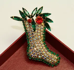 Christmas Sparkling Stocking Holly Figural Pin Brooch Quality Xmas Holiday Jewelry Gift