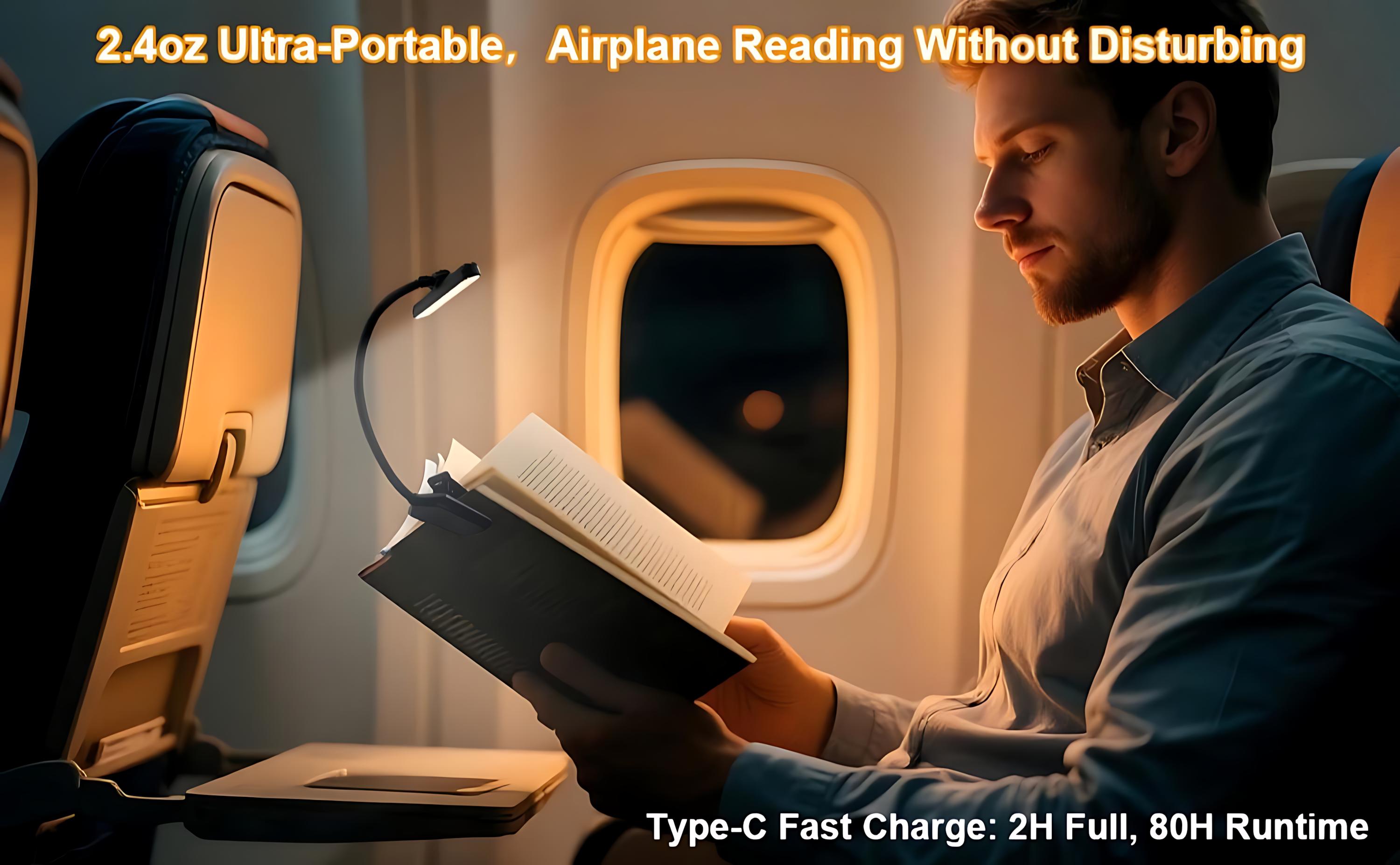 Rechargeable book light with 24 LEDs, 3 color modes, stepless dimming, clip-on reading lamp with memory function, eye protection light, up to 80 hours battery life—ideal for bed reading, bunk beds, dorm rooms, travel, and a great gift for book lovers.