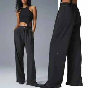 Women's Wide Leg Pants Yoga Front Fold Loose Elastic Waist Sports Straight Pocket Soft Black Casual  Womenswear Activewear Blouse Essential Cropped Bottom Day Dress Light Summer Polyester