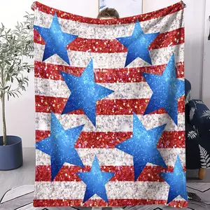 Red White Blue Stripes & Blue Stars Glitter Print Flannel Blanket, Patriotic Throw Blanket for Couch, Cozy Warm Blanket for Independence Day, Soft Gift Blanket for Veterans & Patriotic Home Decor
