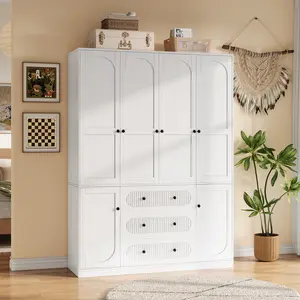 TOKSOM Armoire Wardrobe Closet 72" H,3 Doors Bedroom Wooden Wardrobe with 6 Storage Shelves and 3 Big Drawer,Clothing Storage Cabinet Organizer Combination,White&Black
