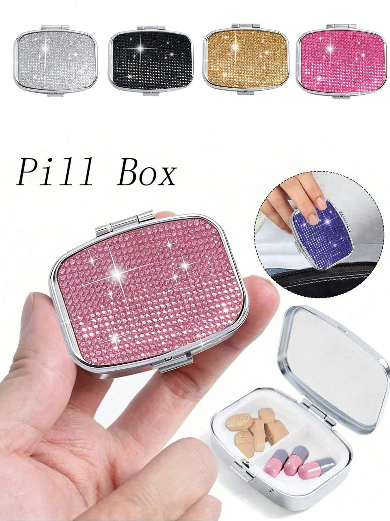 Vintage Rhinestone Print Pill Box, Multi-Compartment Portable Medicine Case, Metal Lid, Versatile Storage for Pills, Vitamins, Jewelry, Vitamin Organizer, Supplement Organizer