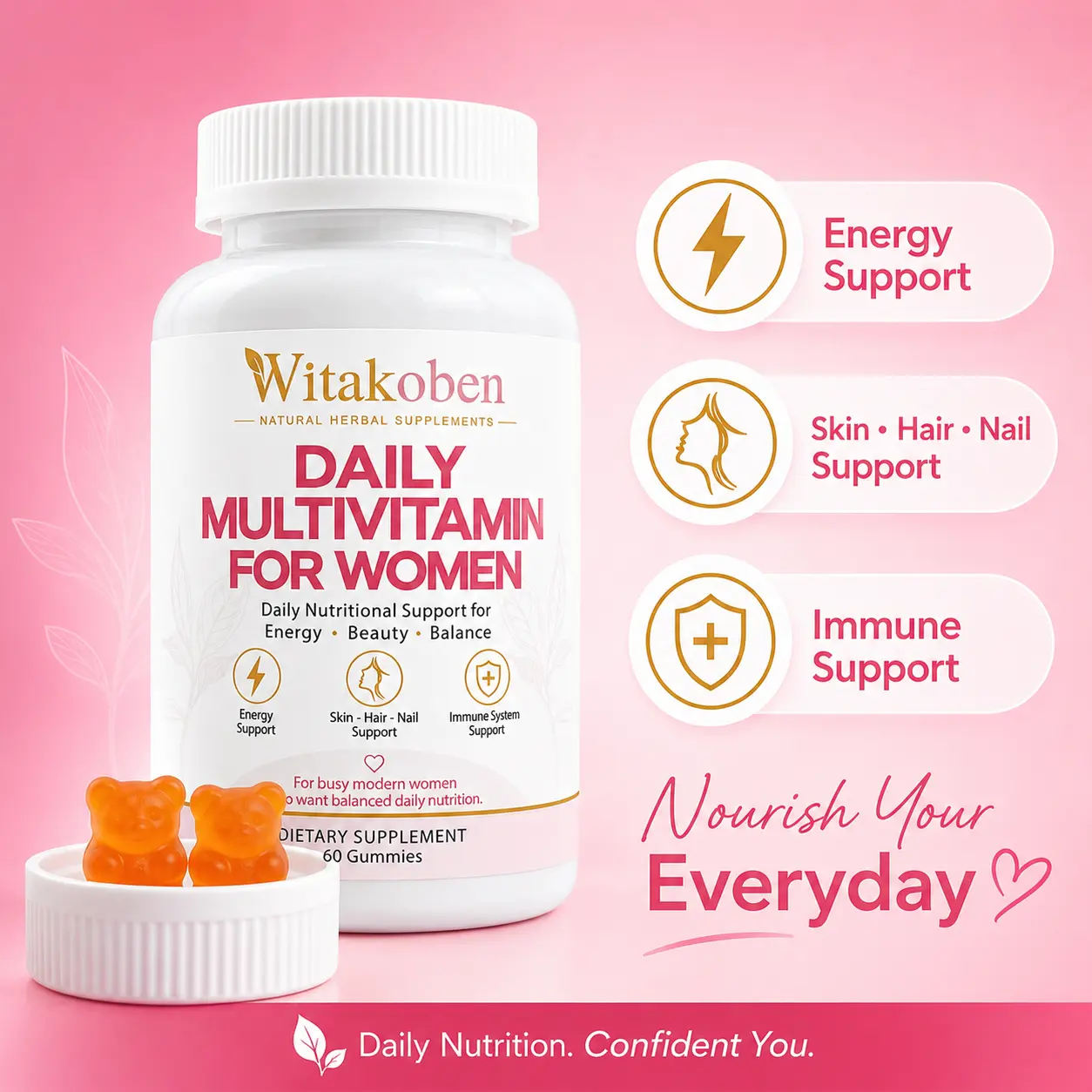 Multivitamin for Women Gummies – Energy Metabolism, Beauty Hair Skin Nails & Immune Support – With B Vitamins, Biotin, Zinc & Iron