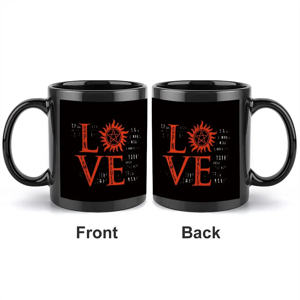 1pc 11oz Supernatural SPN Love Mug - Double-sided black ceramic coffee cup with anti-possession tattoo, an ideal gift for supernatural enthusiasts and Winchester family fans Stylish Drinkware