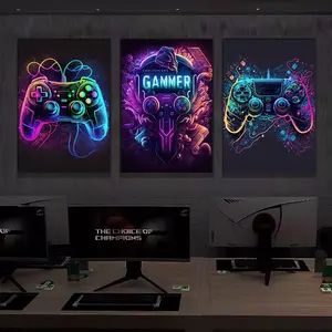 3pcs/set Frameless Cool Gaming Wall Art Canvas Painting, Colorful Gamer Controller, Neon Pop Poster and Print, E-sports Room Decor, Modern Home Decoration, Gift, No Lights