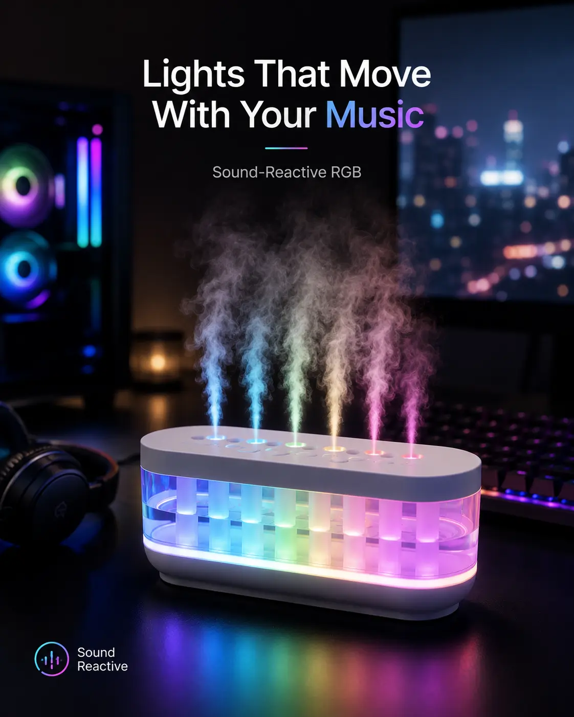 WINTORY RGB LED Humidifier, Sound-Reactive Cool Mist Humidifier for Gaming Setup, Desktop Gadget with Colorful Lights, Bedroom & Office Decor, 300mL Mini Humidifier, 3 Modes, 16H Runtime