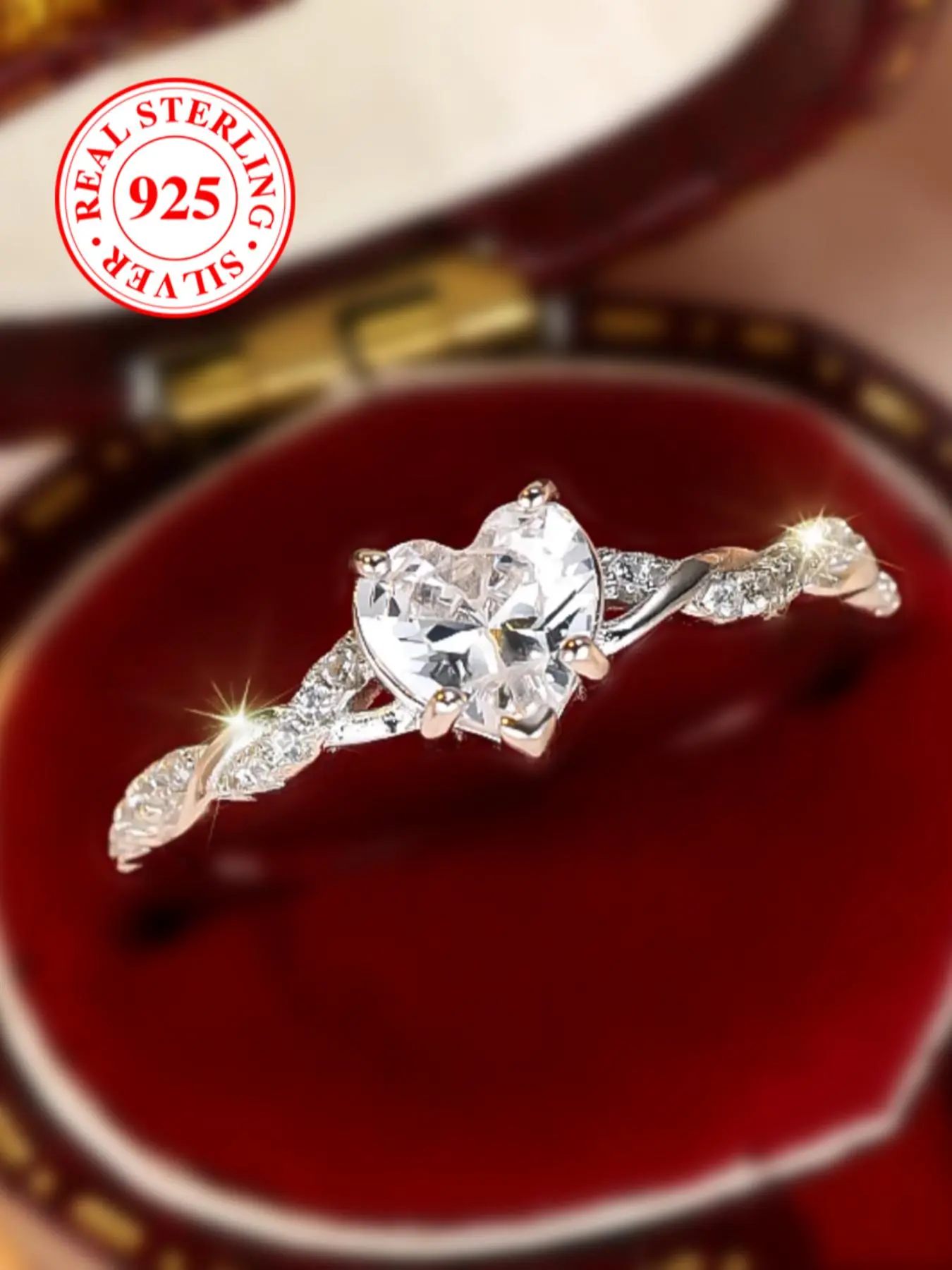 S925 Sterling Silver Heart Shaped Ring, Heart Design Ring, Shiny Artificial Zirconia Decor Ring for Women, Elegant Ring, Bridal Engagement Ring, Fashion Trendy All-match & Exquisite Jewelry for Birthday Gift, with Black Gift Box