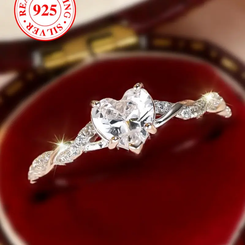 S925 Sterling Silver Heart Shaped Ring, Heart Design Ring, Shiny Artificial Zirconia Decor Ring for Women, Elegant Ring, Bridal Engagement Ring, Fashion Trendy All-match & Exquisite Jewelry for Birthday Gift, Beautiful Rings, with Black Gift Box