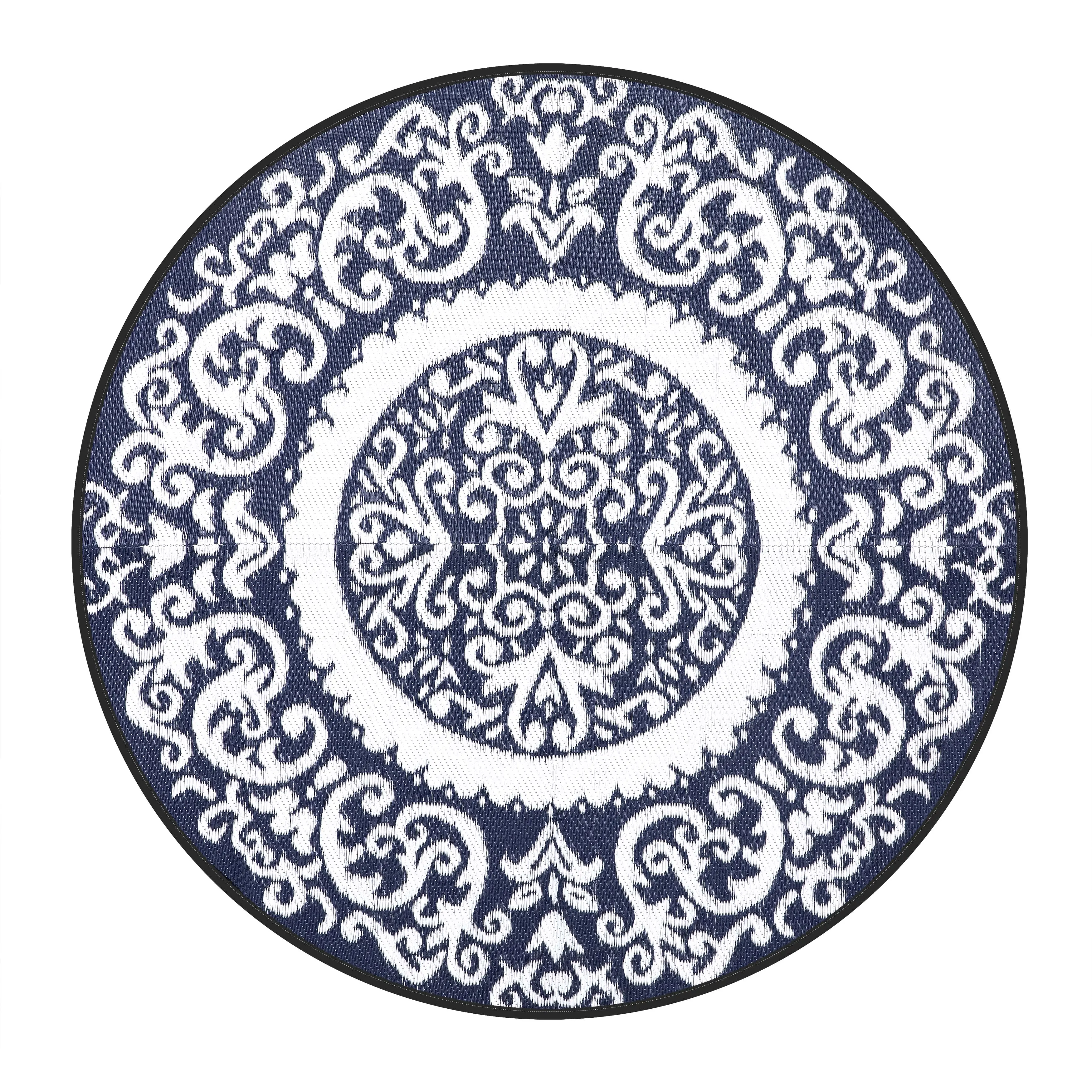 Round Outdoor Rug, Plastic Straw Foldable Area Rug Indoor Outdoor Carpet for Patio Decor Balcony Camping Picnic RV, Blue and White