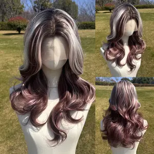SMILCO 22Inch 13*4  Mixed Burgundy & Silver Blonde Highlights  Free Part Long Wavy Layer Cutted Glueless Natural Hairline 100% Futural Fiber Synthetic Lace Front Wig SM9682M