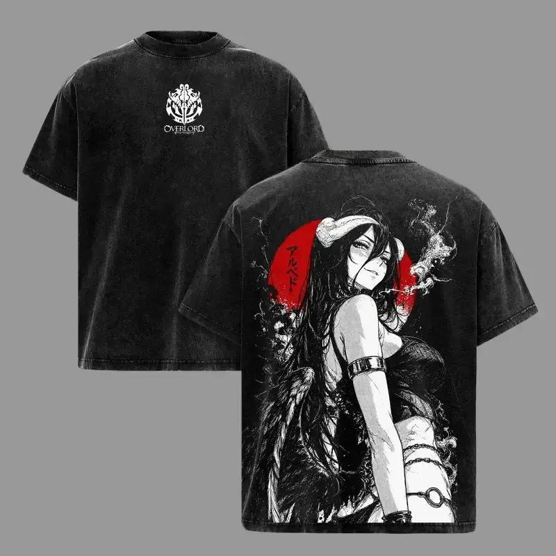 Men's Overlord Anime Albedo Graphic T-Shirt, Menswear Top, Heavyweight Washed Cotton, Oversized Unisex Vintage Manga Streetwear Short-Sleeve Tee Casual Crewneck Tshirt