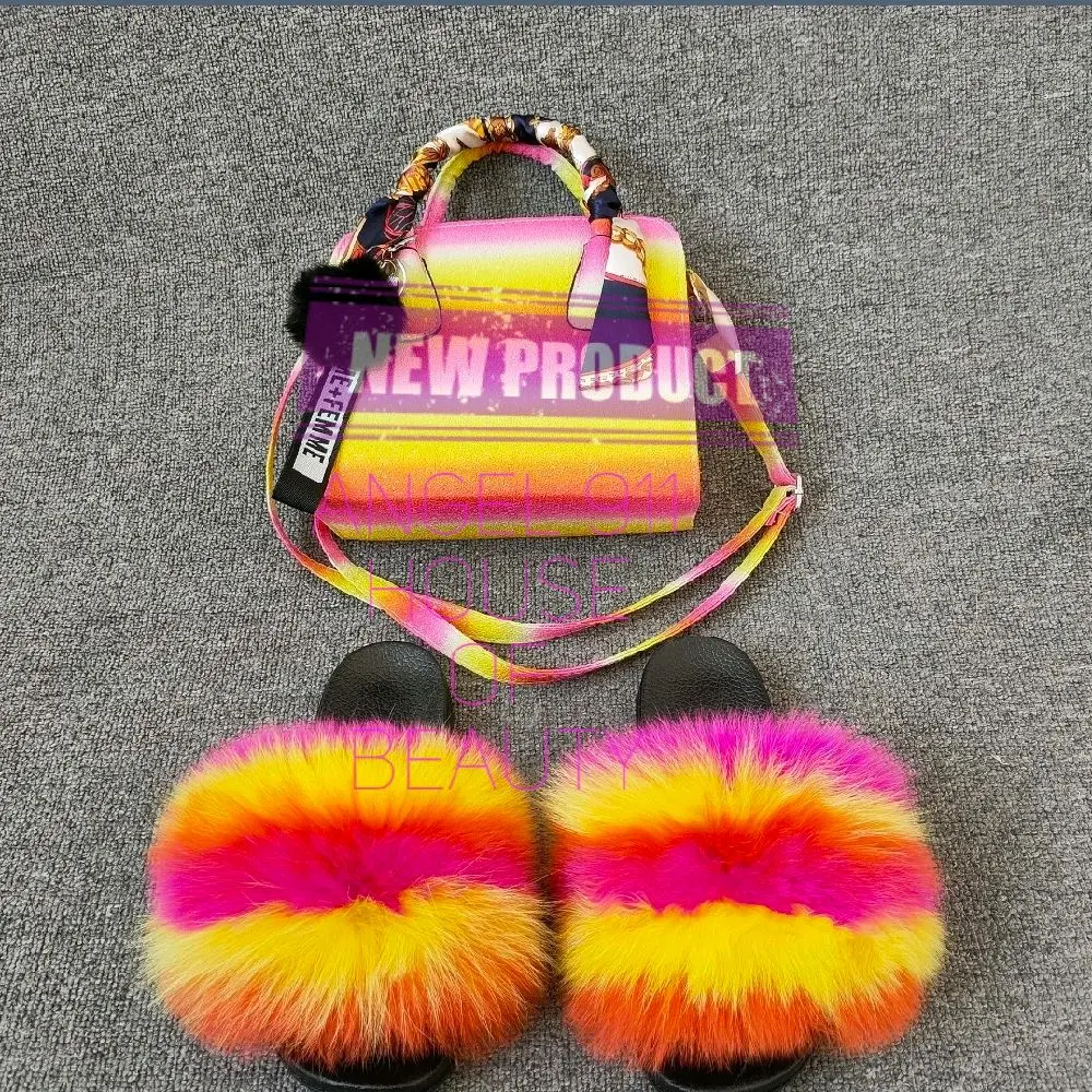 Matching Fluffy Sleepers with Handbags for Women and Girls - Colorful Faux Fur Slippers & Stylish Tote Bag Set