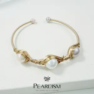 PEARLISM Seedless Freshwater Pearl Wire-Wrapped Cuff Bracelet | Gold/Silver Tone Handcrafted Statement Bangle-PSBG1303S/G